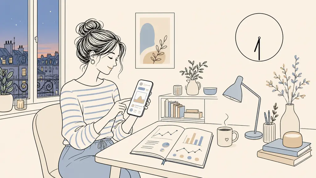 French small business owner scheduling an Instagram post on a smartphone beside an analytics notebook, wall clock showing early evening on Sunday, warm home office light, editorial photography, no text, no logo