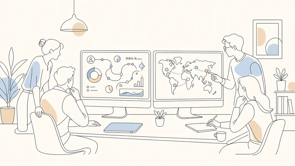 marketing team reviewing an abstract omnichannel customer journey dashboard and an international campaign map on dual monitors in a modern office, no visible text or logos