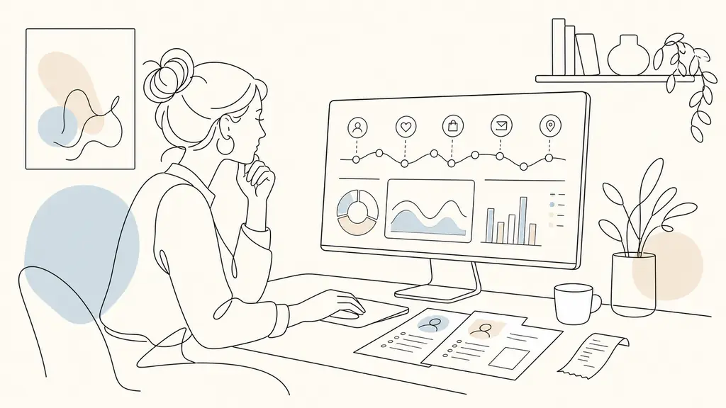 marketing specialist examining a customer journey dashboard beside printed CRM profiles and an in-store purchase receipt, modern office, no visible text or logos