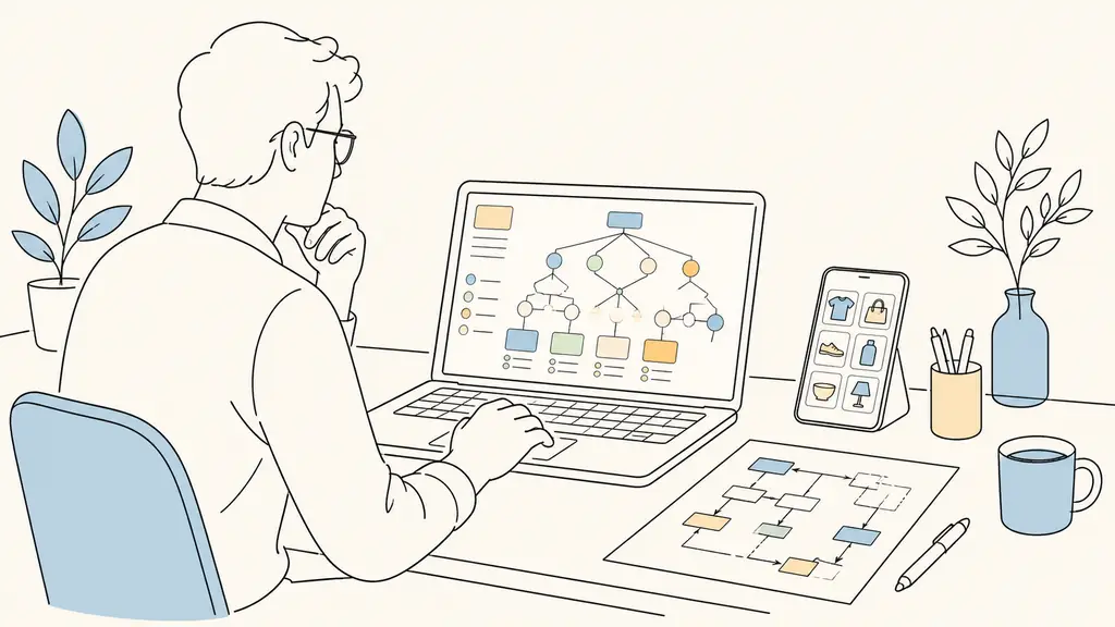 SEO specialist reviewing a colored crawl map on a laptop beside a smartphone showing product thumbnails and a handwritten URL migration diagram, editorial office photography, no visible text or logos