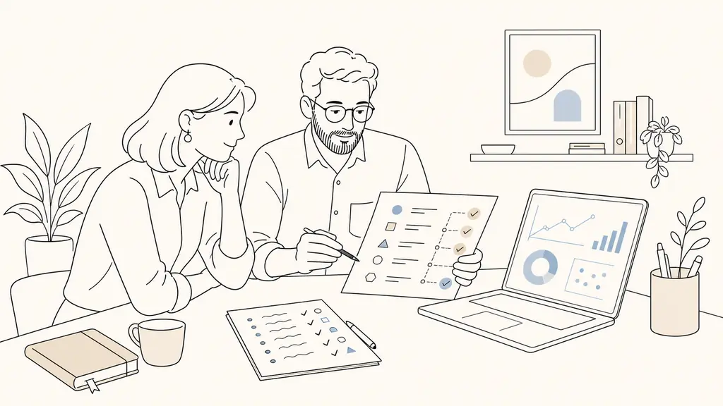 SEO consultant and small business owner reviewing a printed priority roadmap beside a laptop displaying analytics charts and a handwritten list of qualified leads, editorial office photography, no visible text or logos