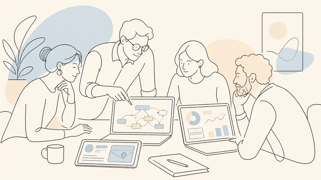 Editorial photograph of a multidisciplinary team reviewing a website URL migration map, a local business profile and an analytics dashboard on laptops, modern office, no visible text or logos