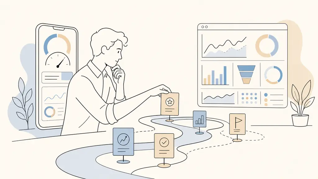Editorial photograph of an SEO specialist prioritizing quick wins on a roadmap beside a smartphone performance test and a conversion dashboard, no visible text or logos