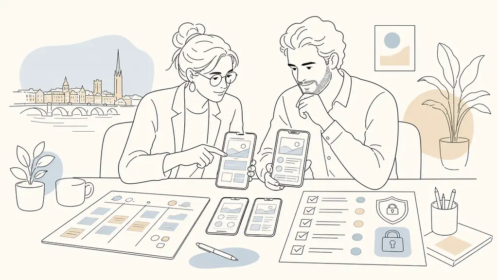 Editorial photograph of a Bordeaux project manager reviewing mobile website mockups with a business owner, an open project planning board and a WordPress security checklist on the desk, no visible text or logos