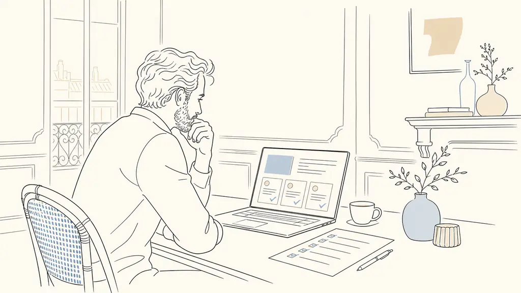 Editorial photograph of a Bordeaux business owner reviewing a WooCommerce case study and verified client reviews on a laptop, with a printed WordPress security checklist beside it, no visible text or logos