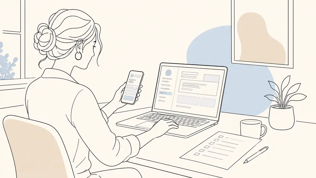 Editorial photograph of a woman testing a personal account area on a laptop while checking a contact form on a smartphone, with an unmarked checklist beside both devices, natural office light, no visible text or logos