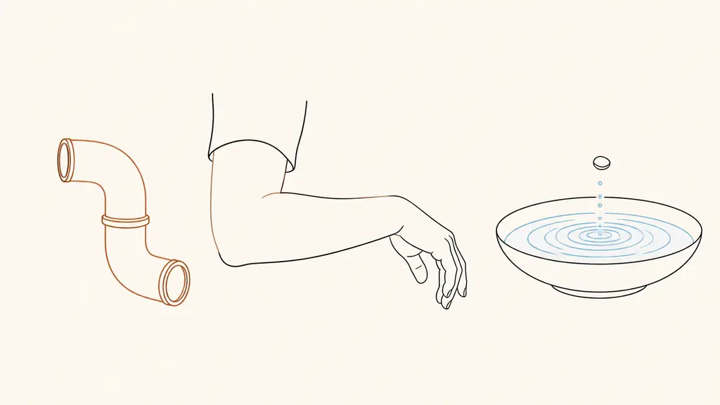 Editorial photograph of a bent copper pipe beside a human arm resting at the elbow, with a pebble creating circular ripples in a bowl of water nearby, natural daylight, no text, no logo