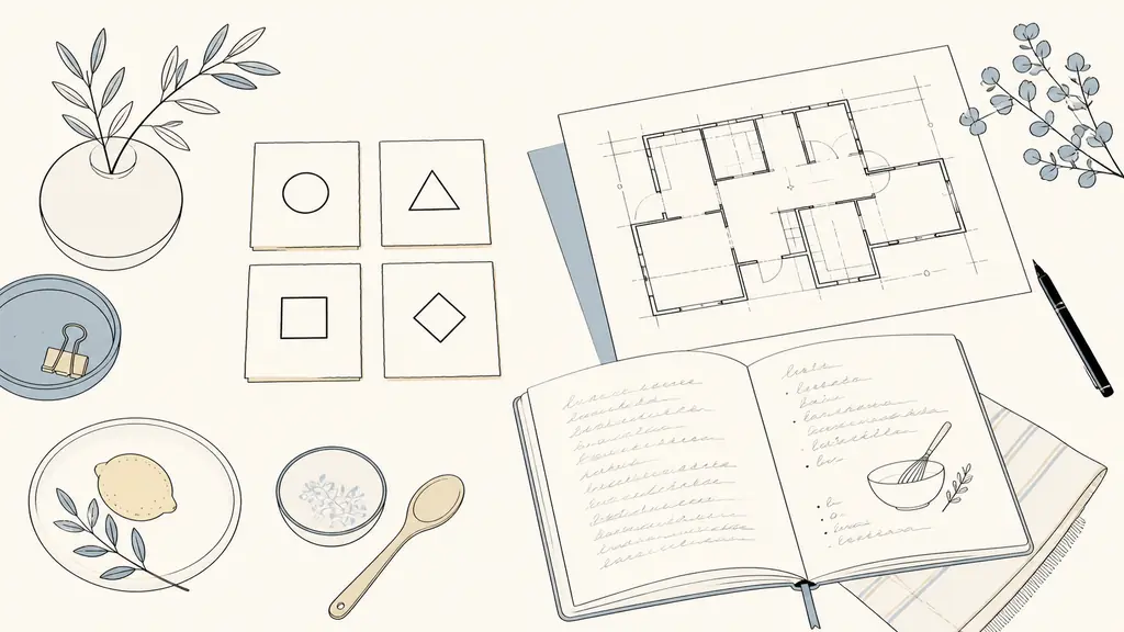 Editorial photograph of four paper cards labeled only with simple geometric symbols arranged as two pairs beside an architectural floor plan and an open handwritten recipe notebook, natural desk light, no readable text, no logo