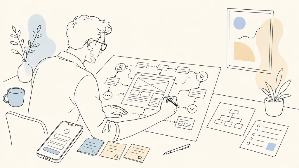web project manager drawing a functional interaction diagram around a website on paper, with a mobile contact form prototype and priority notes on a desk