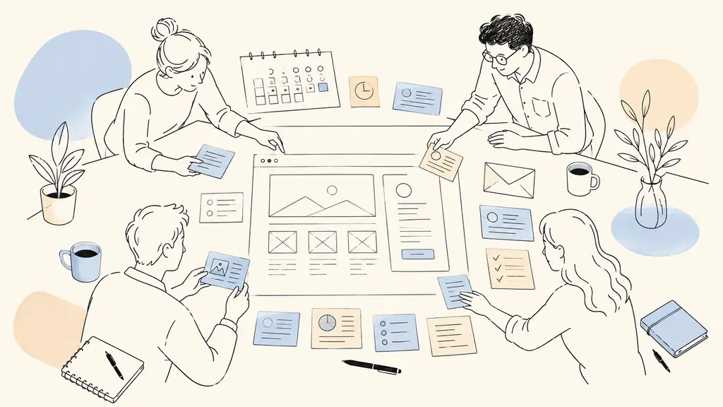 project team arranging cards for a prospect, calendar and email service around a website sketch in the center of a paper sheet