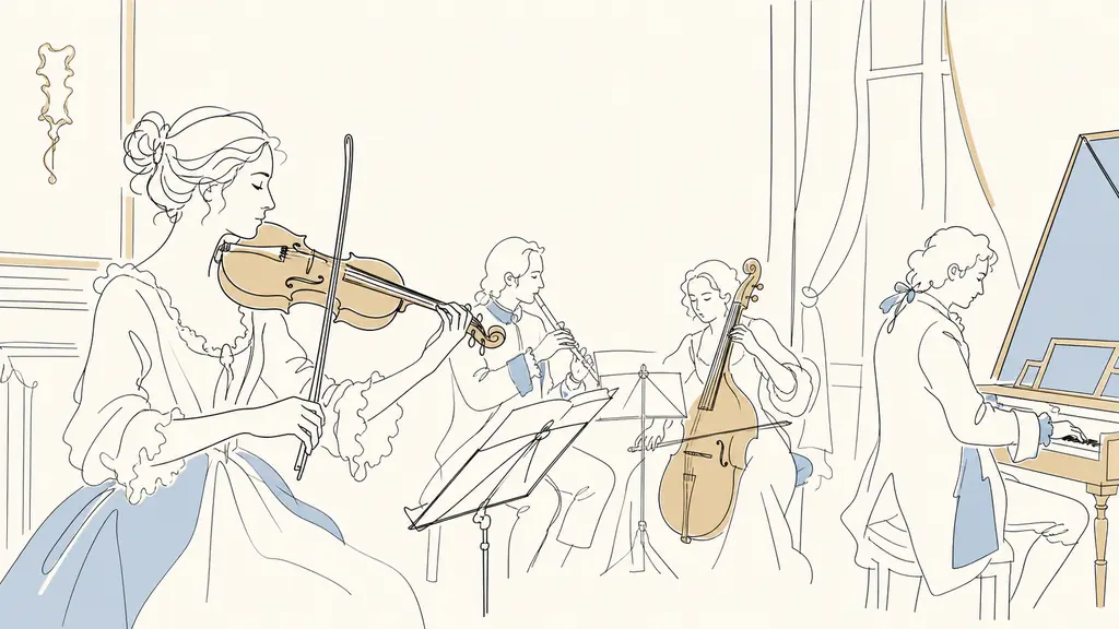 French female violinist rehearsing a J. S. Bach chamber piece on a baroque violin with period-instrument musicians in an intimate concert hall
