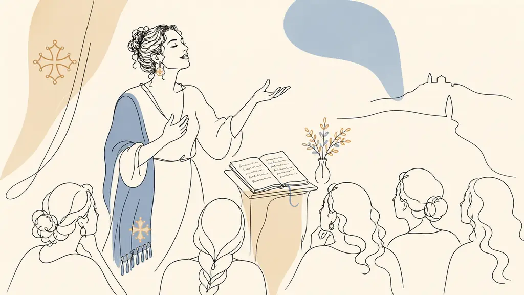 Occitan female storyteller performing on a small theater stage beside a handwritten poetry notebook, facing an intimate audience of women