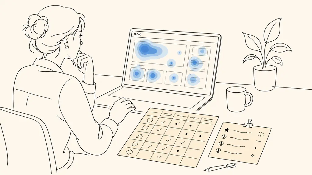 UX specialist reviewing a website heatmap on a laptop beside a printed Nielsen evaluation grid and handwritten prioritized recommendations, editorial photography, no text, no logo