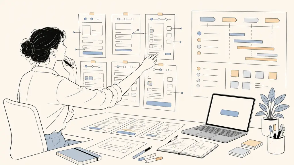 UX consultant arranging annotated checkout screenshots, a prioritized roadmap with colored markers, and a laptop displaying a simplified quote request button, editorial photography, no text, no logo