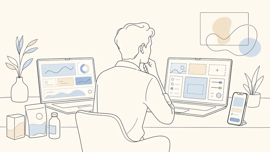 Small business owner comparing a hosted ecommerce dashboard and a self-hosted store interface on two laptop screens, with product packaging and a mobile checkout preview on the desk, editorial photography, no text, no logos