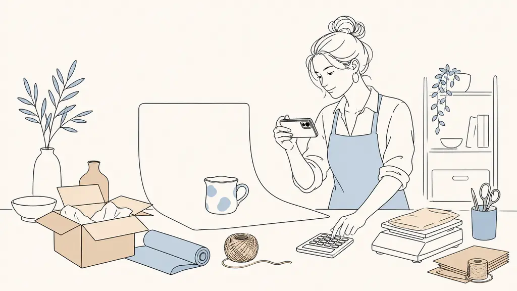 Small business owner preparing a selected product for a marketplace listing, checking shipping costs beside packaging materials and photographing the item on a simple backdrop, editorial photography, no text, no logos