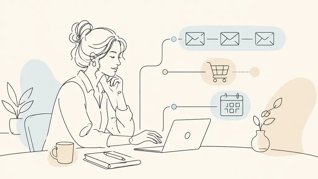 Editorial photograph of a small business owner reviewing a welcome email sequence, an abandoned-cart trigger and an event invitation calendar on a laptop, no visible text or logos