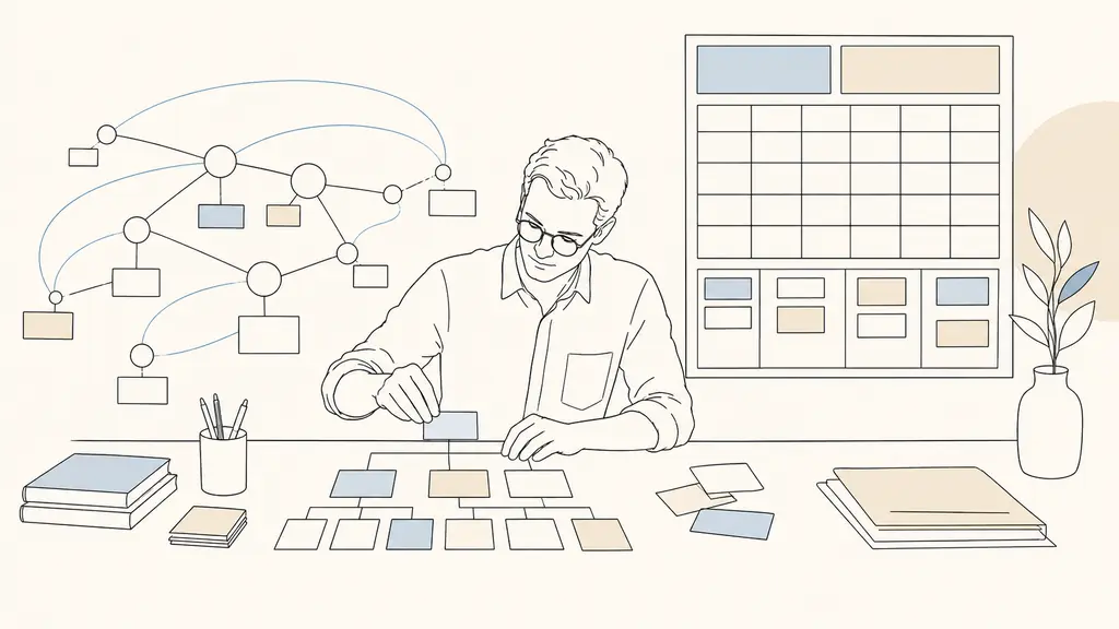 SEO consultant arranging printed website architecture cards beside a backlink analysis chart and an editorial planning board, editorial photography, no visible text or logos