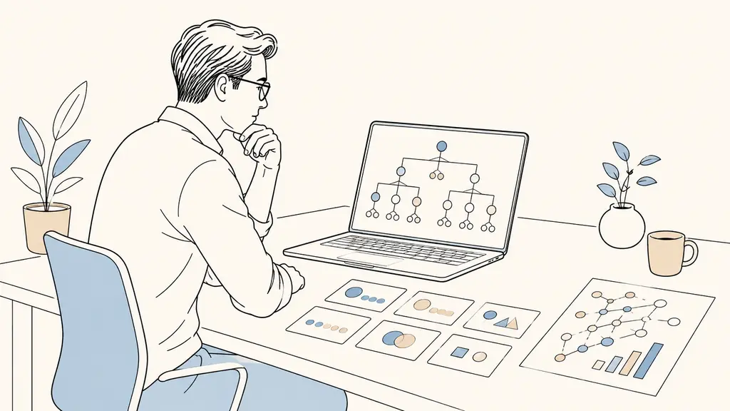 SEO specialist inspecting a website crawl diagram on a laptop beside keyword intent cards and a printed backlink profile chart, editorial photography, no visible text or logos