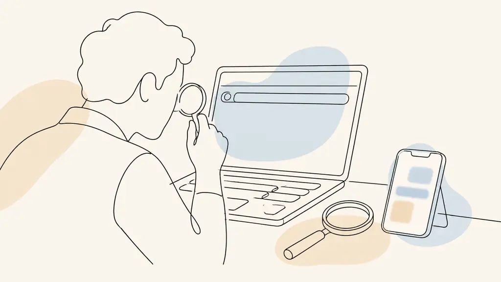Editorial close-up of a person checking a browser address bar character by character on a laptop, with a magnifying glass beside the keyboard and a smartphone showing a blurred redirect page, no readable text, no logos