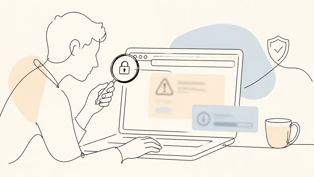 Editorial photograph of a person inspecting a browser padlock and domain spelling on a laptop while a suspicious pop-up and download prompt appear blurred on screen, no readable text, no logos