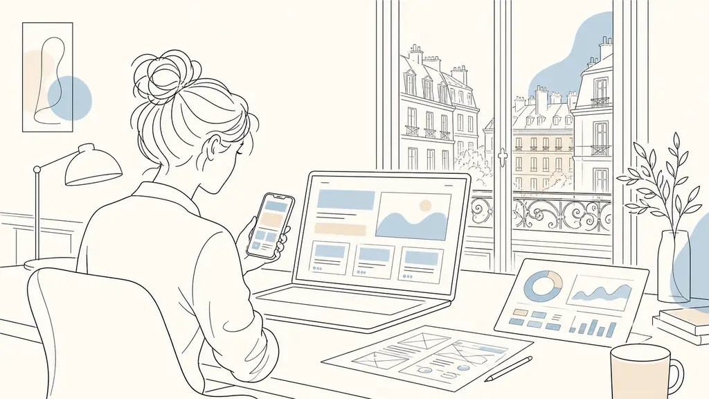 Web designer in a Paris office reviewing a responsive WordPress product page on a laptop and smartphone, with a hand-drawn UX wireframe and performance dashboard visible, editorial photography, no text, no logo