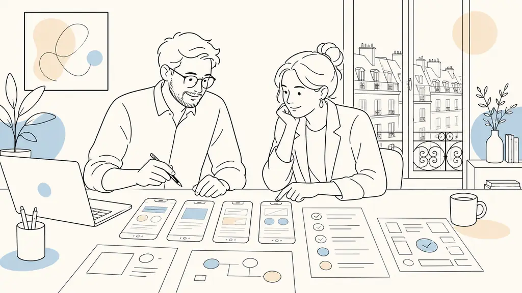 Web project manager reviewing responsive mobile mockups and a launch validation checklist with a small business owner in a Paris office, editorial photography, no text, no logo