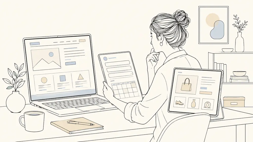 small business owner comparing a service website wireframe, an appointment booking form and an online shop product page on a laptop and tablet, editorial photography, no text, no logo