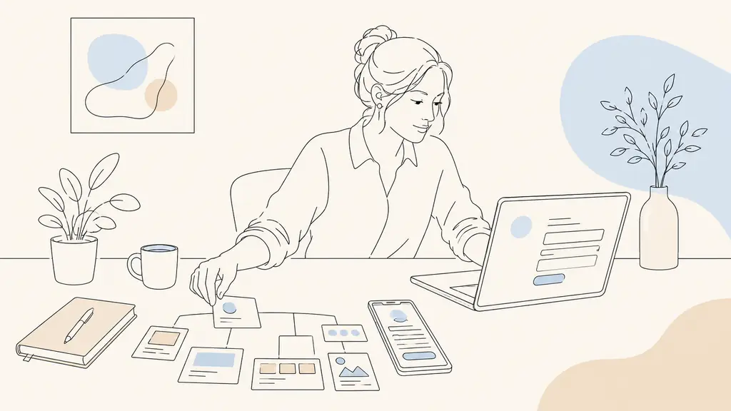 business owner arranging website sitemap cards beside a mobile page mockup while testing a contact form on a laptop, editorial photography, no text, no logo