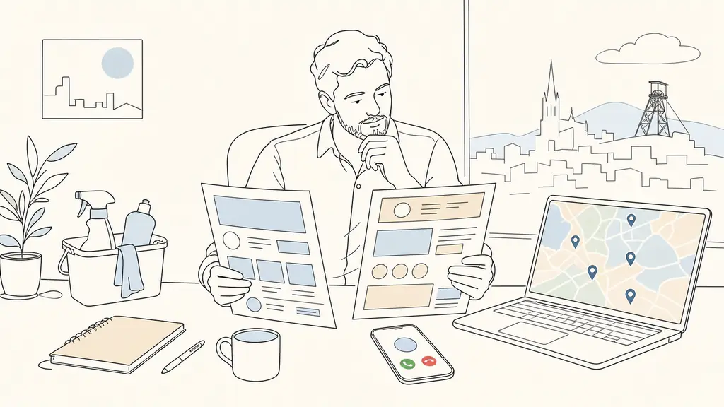Owner of a Saint-Étienne office cleaning company comparing two printed website proposals beside a smartphone showing a call interface and a laptop displaying a local map with service-area pins, editorial photography, no visible text or logos