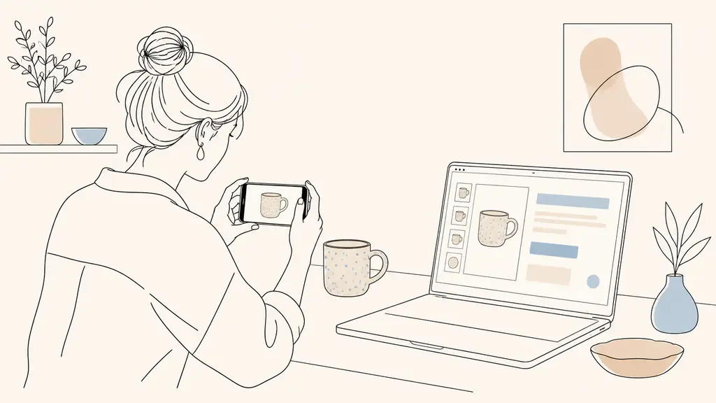 Online shop owner photographing a ceramic mug beside a laptop displaying a clean product page layout with image thumbnails and structured heading blocks, editorial photography, no readable text, no logo
