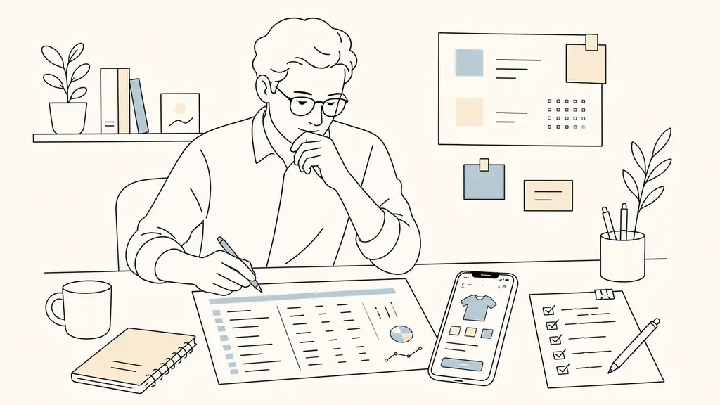 E-commerce manager reviewing a keyword planning sheet beside a smartphone showing a product page preview and a handwritten quality checklist, editorial photography, no readable text, no logo