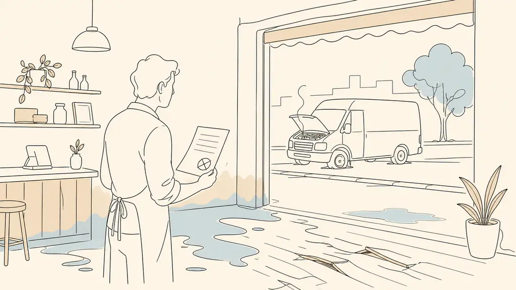 Editorial photograph of a shopkeeper standing inside a small water-damaged storefront, looking at a broken delivery van outside and holding a cancelled contract document with no readable text or logos