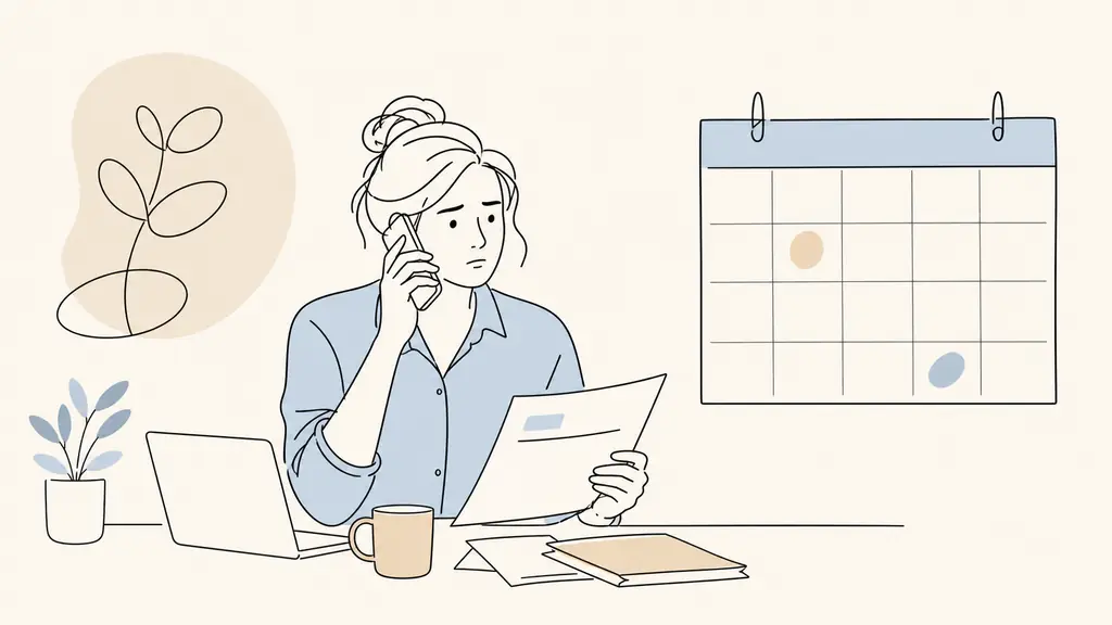 Editorial photograph of a small service business owner reviewing an overdue invoice beside a nearly empty appointment calendar while calling a trusted colleague, with no readable text or logos
