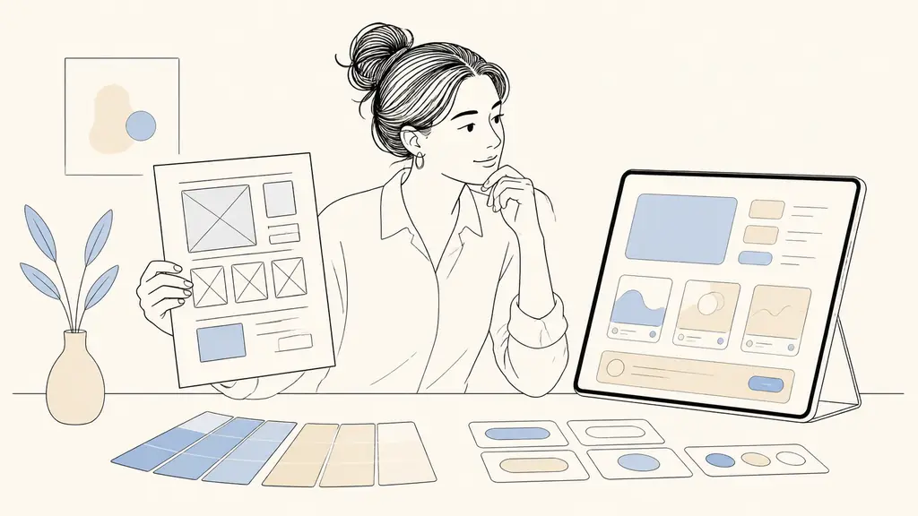 Editorial photograph of a designer comparing a low-fidelity paper wireframe with a high-fidelity interface prototype, color swatches and reusable button components on the desk, no visible text or logos