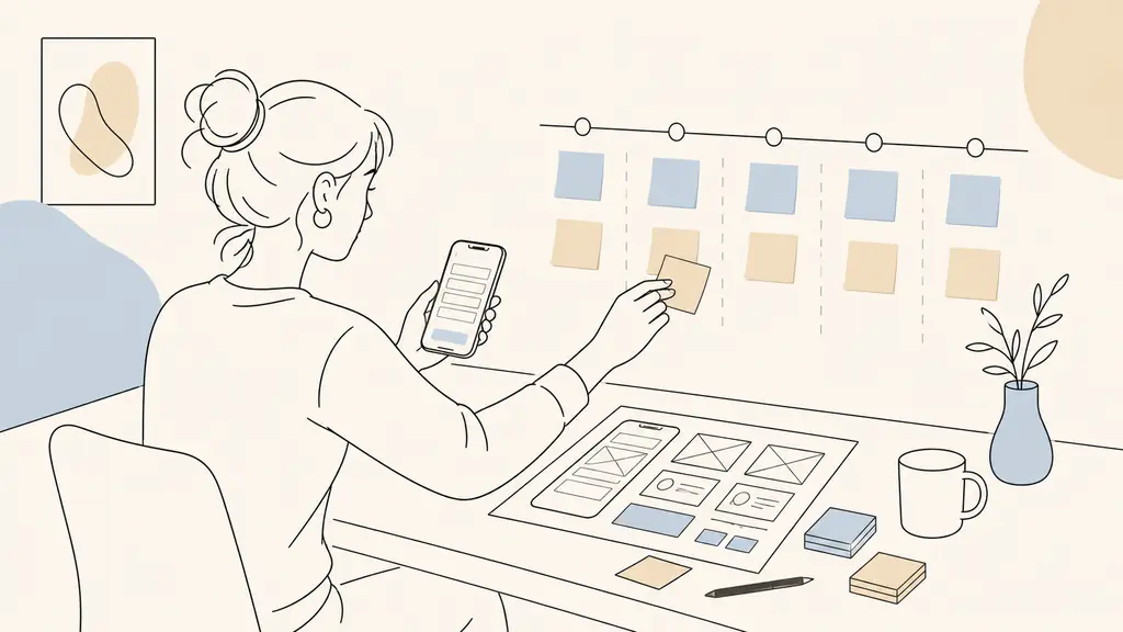 Editorial photograph of a UX designer arranging journey-map sticky notes beside a low-fidelity wireframe and testing an interactive contact-form prototype on a smartphone, no visible text or logos