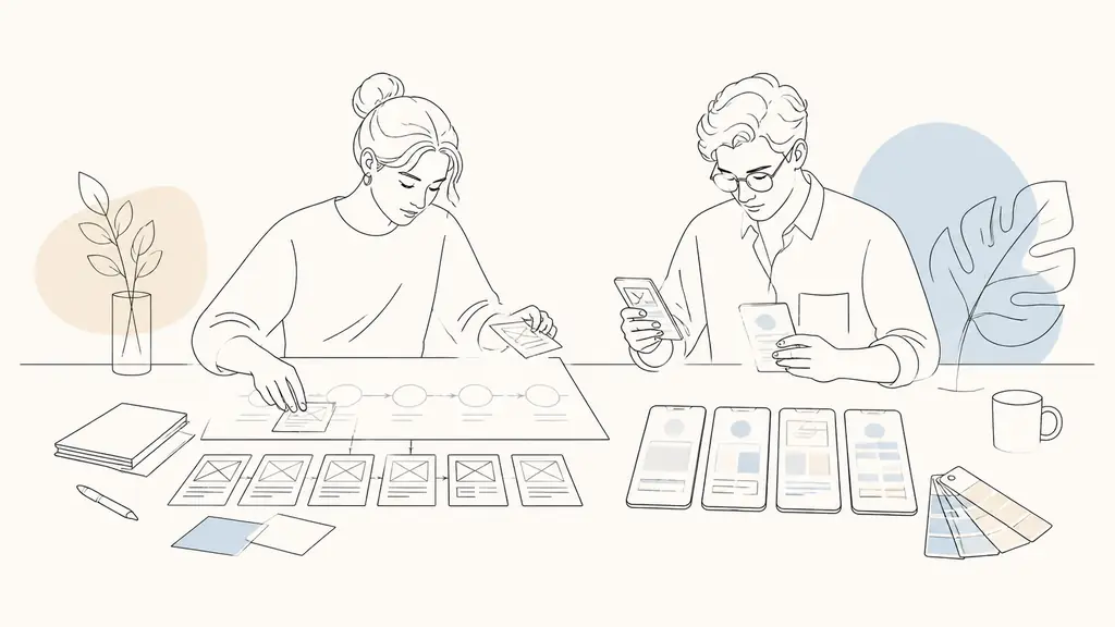 Editorial photograph of two designers at a desk, one arranging a paper user journey and wireframe cards while the other compares high-fidelity mobile interface screens with color swatches, no visible text or logos