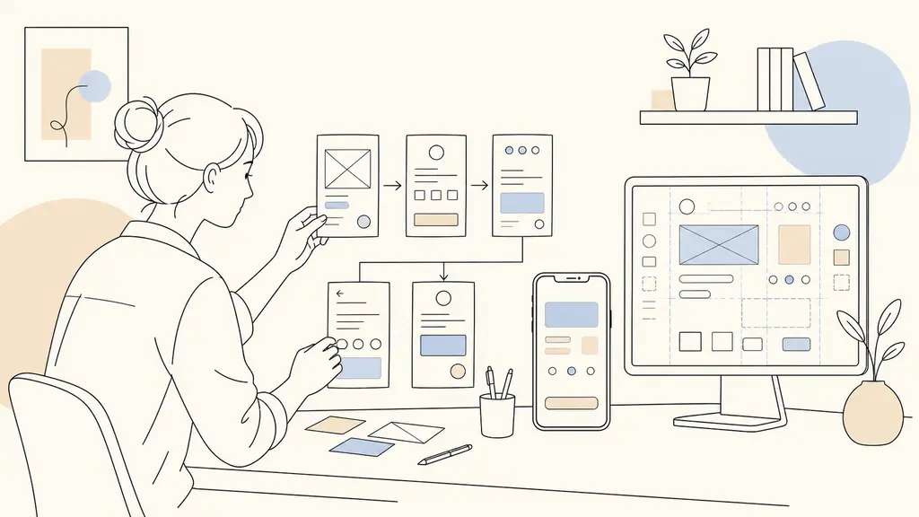 Editorial photograph of a designer connecting low-fidelity wireframe cards into a checkout journey beside an interactive mobile prototype and a developer handoff screen, no visible text or logos