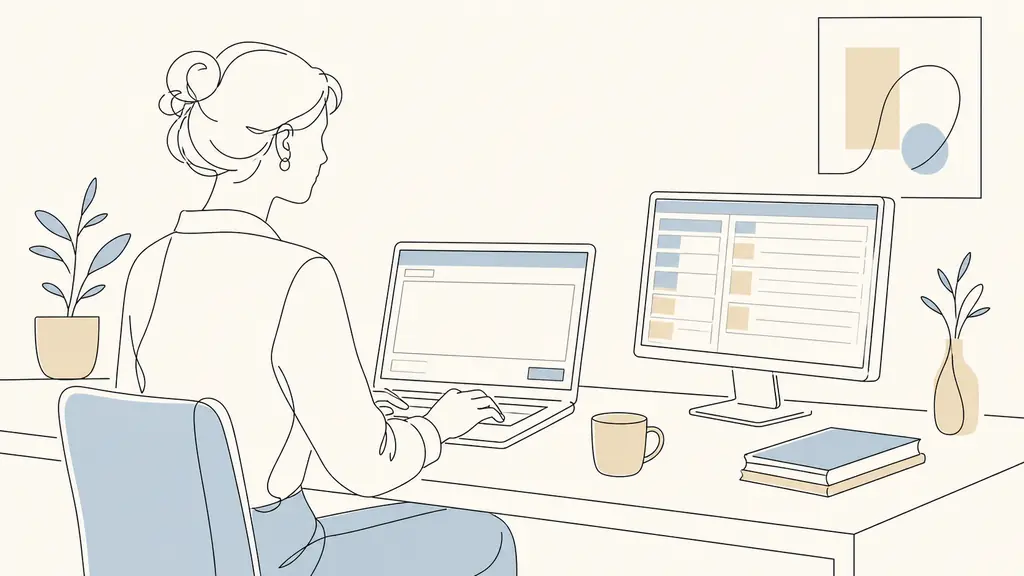 office worker composing an email on a laptop, recipient address visible as an unlabeled input field, inbox open on a second screen, editorial photography without readable text or logos