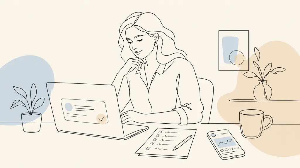 Small business owner reviewing an online appointment request on a laptop beside a handwritten customer follow-up list and a smartphone displaying a social media post, natural office setting, editorial photography, no text, no logos