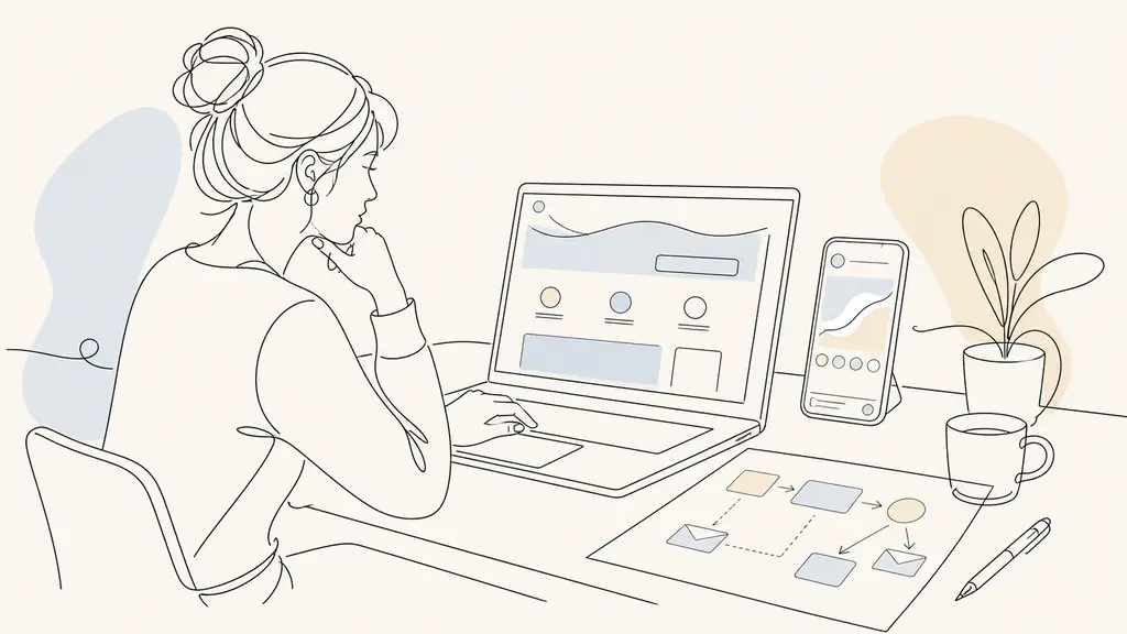 Marketing specialist reviewing a website conversion page on a laptop, smartphone showing a social media campaign, and an email newsletter workflow sketched on paper, editorial photography, no text, no logos