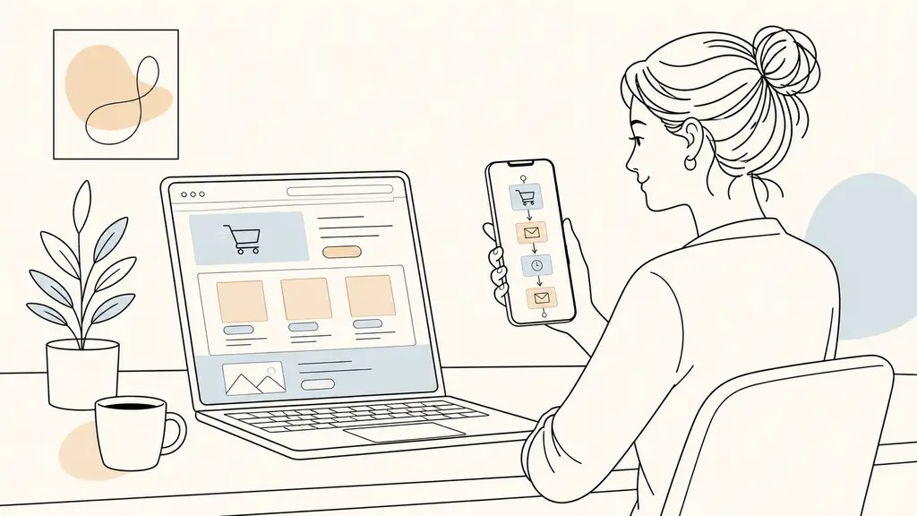 Small business owner reviewing a Google Ads landing page on a laptop while checking an abandoned-cart email automation workflow on a smartphone, editorial photography, no text, no logo
