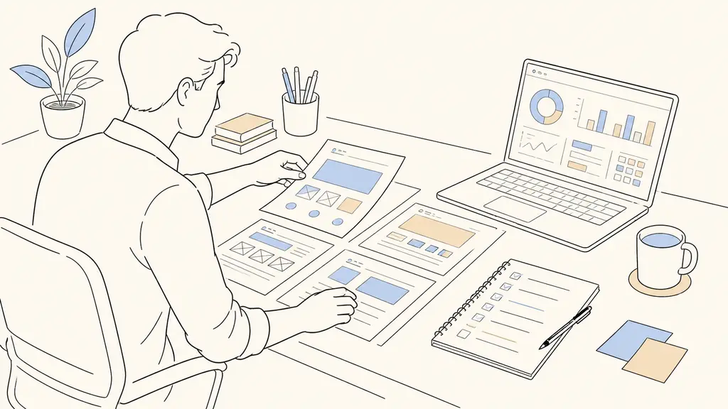 Project manager arranging printed website wireframes beside a handwritten KPI checklist and a laptop displaying a local competitor benchmark, editorial office photography, no text, no logo