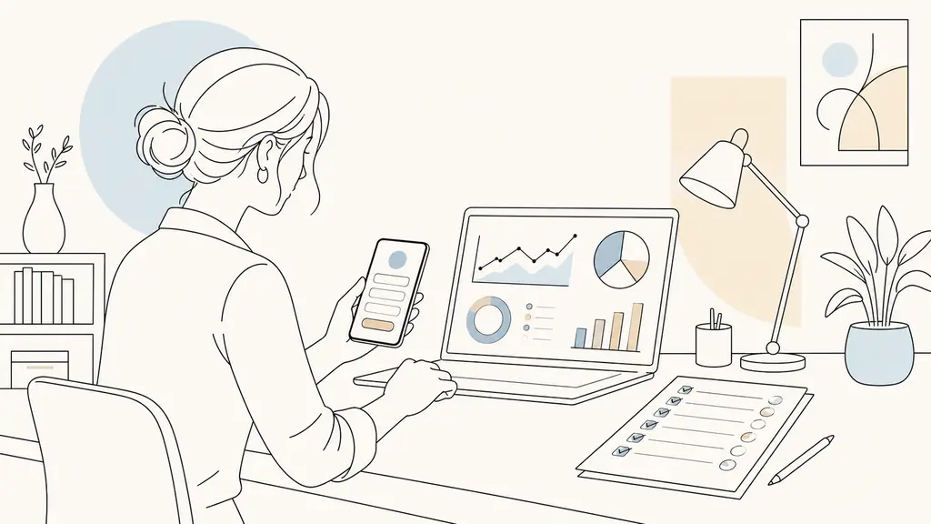 Web project manager checking a mobile contact form beside a seven-step launch checklist and an analytics dashboard on a laptop, editorial office photography, no text, no logo