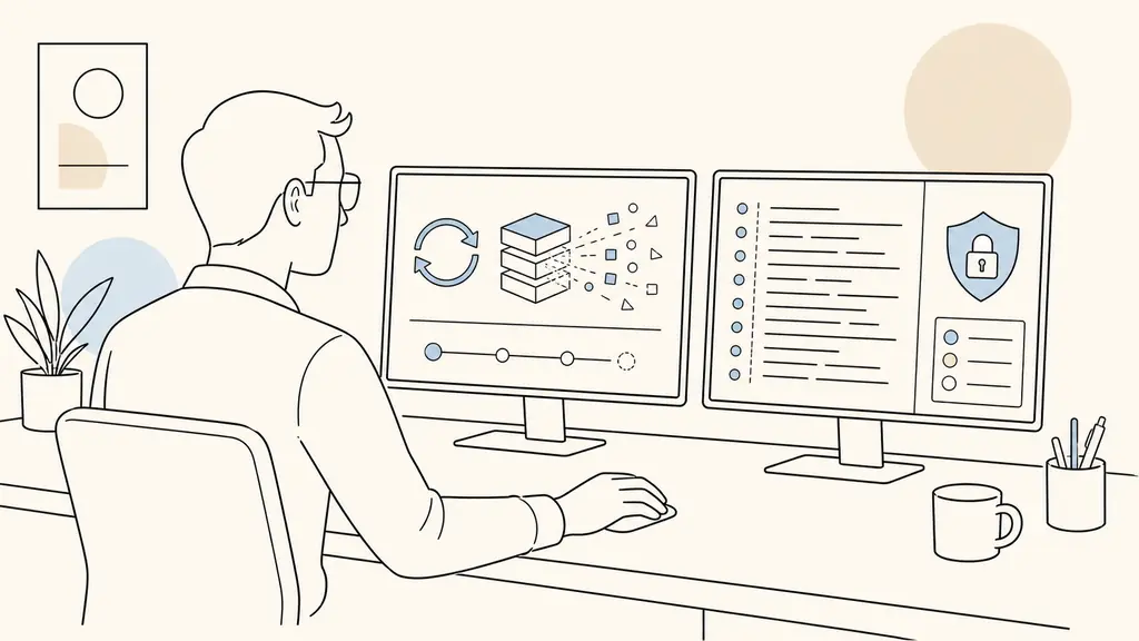 editorial photograph of a system administrator purging a Varnish cache while reviewing timestamped server logs and an SSL certificate status panel on two monitors, no readable text, no logo
