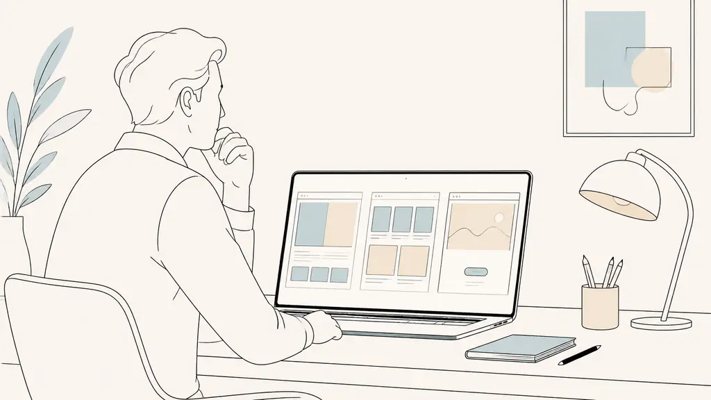 Editorial photograph of a designer reviewing three website wireframes on a laptop, showing a split-screen layout, a modular image card grid, and a clean hero section with one prominent button, natural desk lighting, no text, no logos