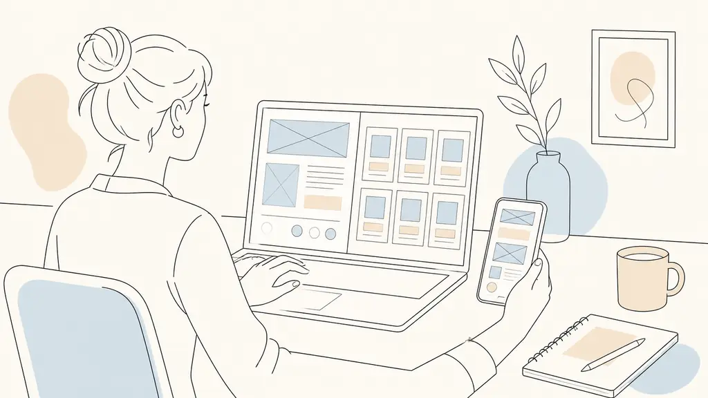 Editorial photograph of a designer arranging a split-screen website wireframe and a card-based product grid on a laptop beside a smartphone displaying a clean single-column mobile layout, natural studio light, no text, no logos