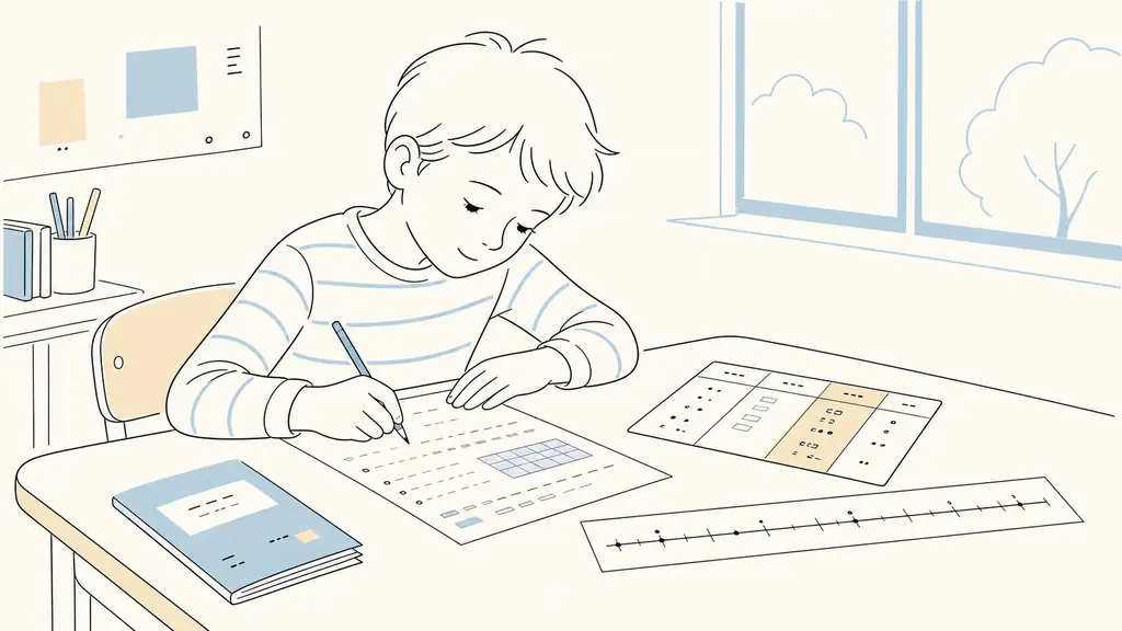 French primary school pupil completing a printed decimal number worksheet beside a place value chart and a graduated number line, small booklet format on the desk, natural classroom light, editorial photography, no legible text, no logo