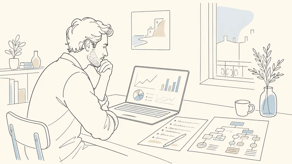 French small business owner reviewing Google Search Console charts on a laptop beside a handwritten keyword list and a printed website sitemap, natural office setting, editorial photography, no text, no logo