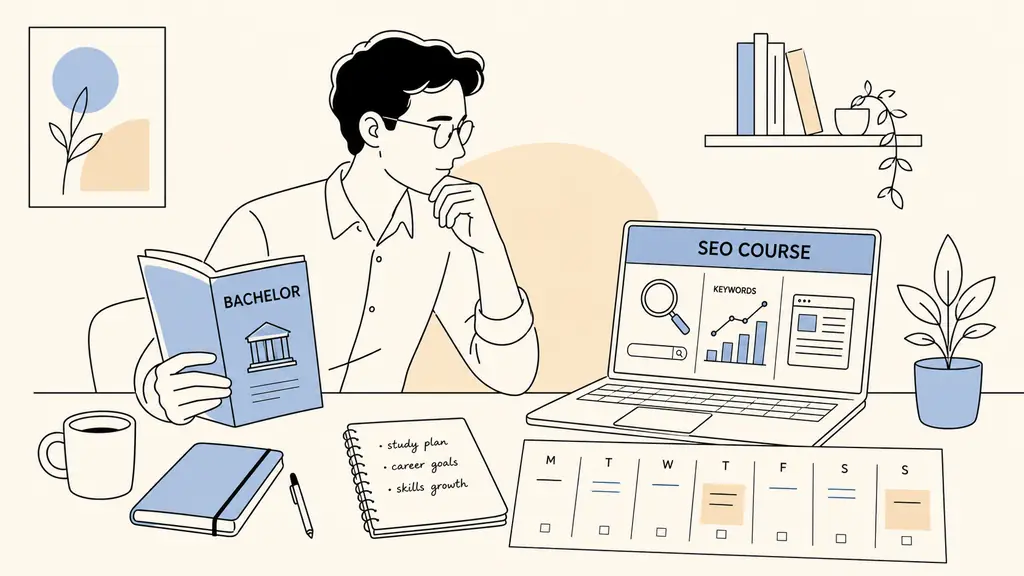professional learner comparing a Bachelor brochure and an online SEO course on a laptop, with a weekly study planner and handwritten notes on the desk